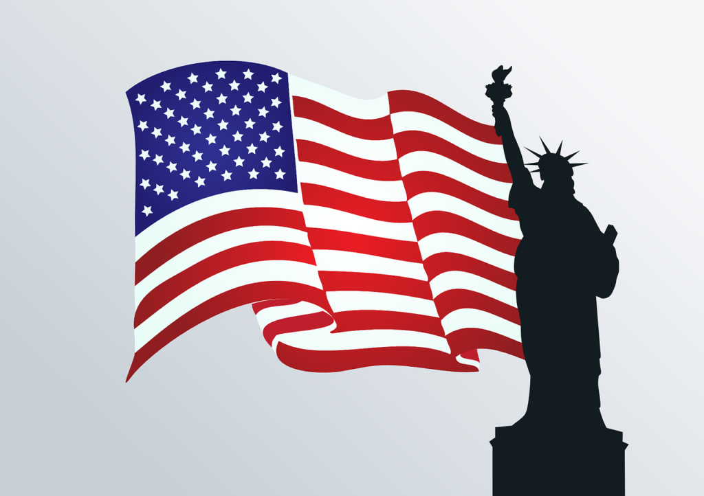 米国の象徴である星条旗と自由の女神